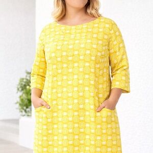 Boden Laurie 100% Linen Pineapple Print Shift Dress Yellow Pockets Size 16/18R